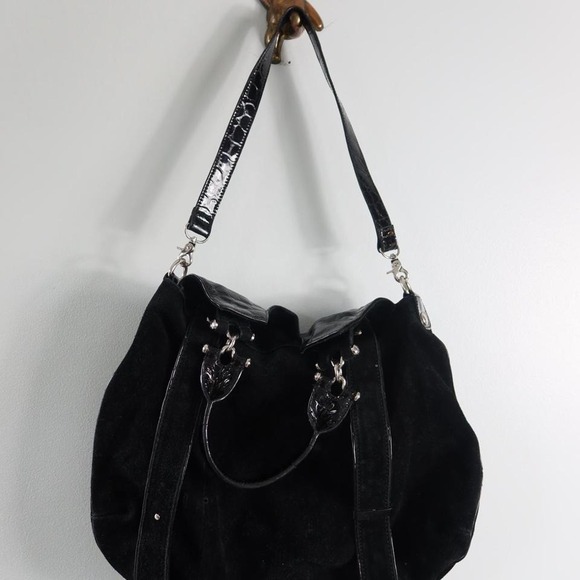 Donald J Pliner Black Suede Shoulder Bag Alligator Strap Unique - Picture 4 of 8